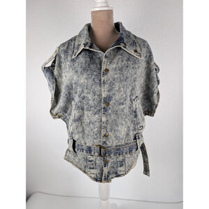 Vintage Acid Washed Denim Jacket Coat Size Small 80's Retro Biker Rock Metal